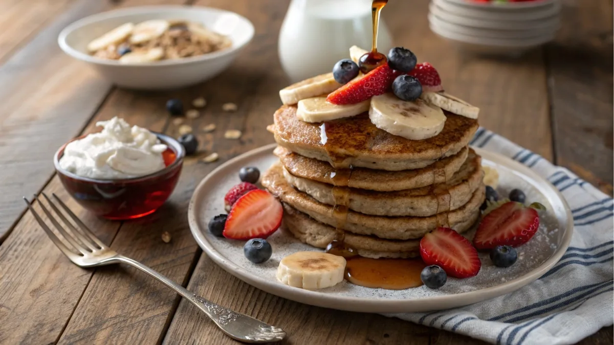 A stack of whole wheat pancakes with sliced fruits and maple syrup on a rustic wooden table.