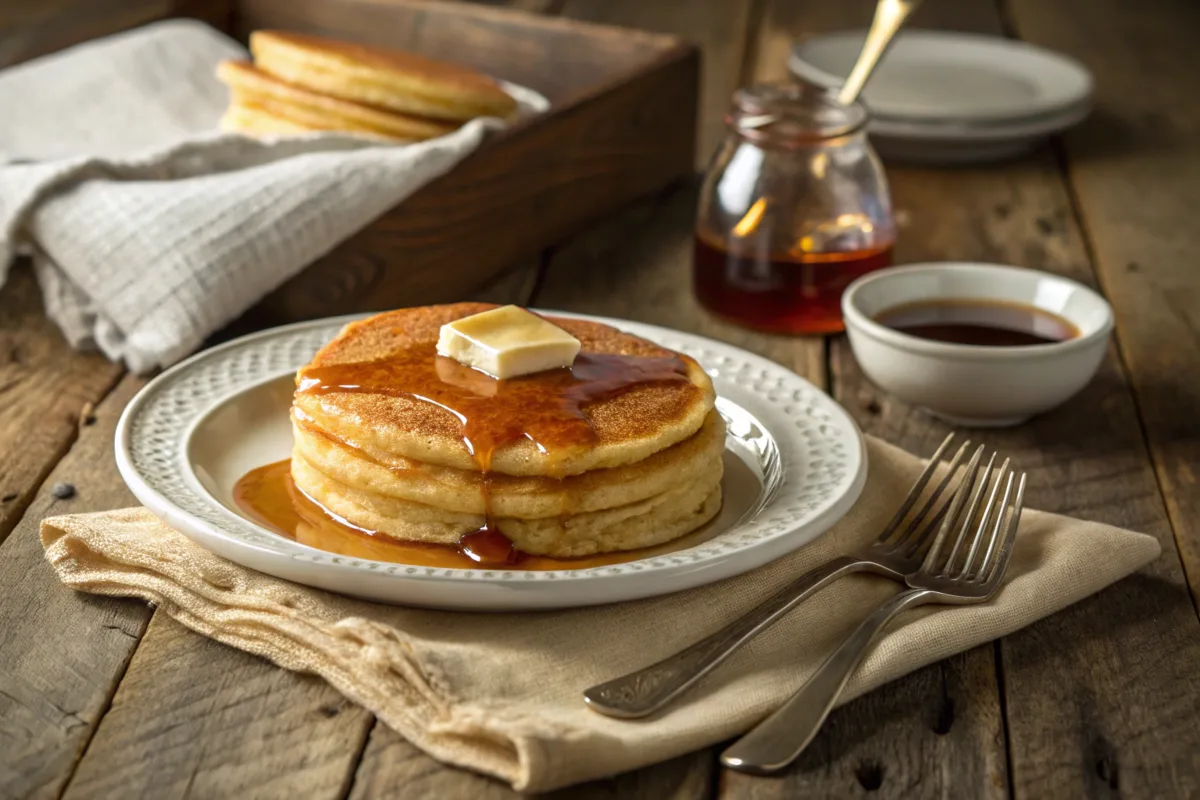 A single pancake served with butter, maple syrup, and fresh berries on a rustic table