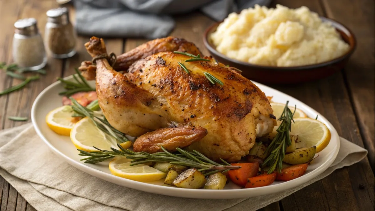 Perfectly roasted chicken with a golden seasoned crust, garnished with rosemary and lemon slices on a rustic wooden table.