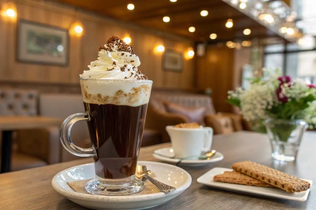 A beautifully presented einspänner coffee served with chocolate and water on a wooden tray