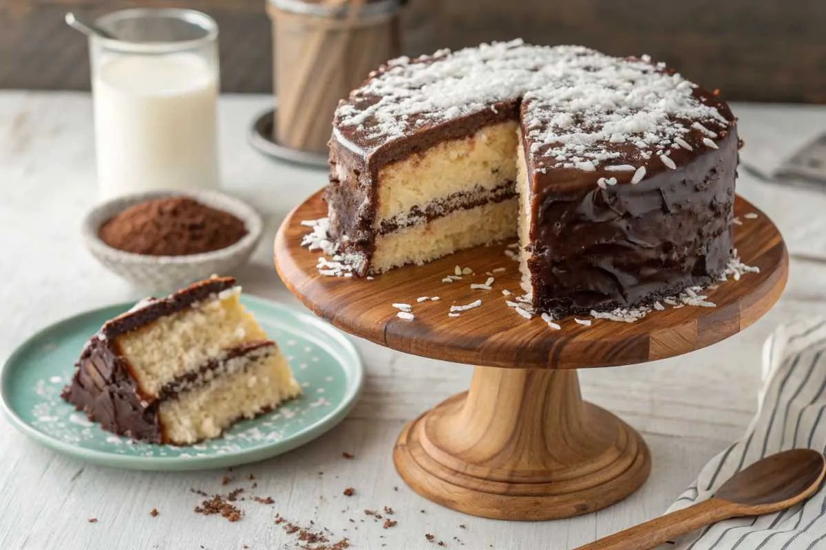 Ingredients for Peter Paul Mounds Cake, including chocolate cake mix, shredded coconut, and cocoa powder