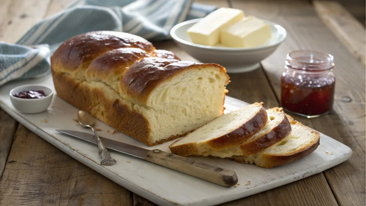 Golden, freshly baked brioche loaf sliced and served with butter and jam on a rustic wooden table