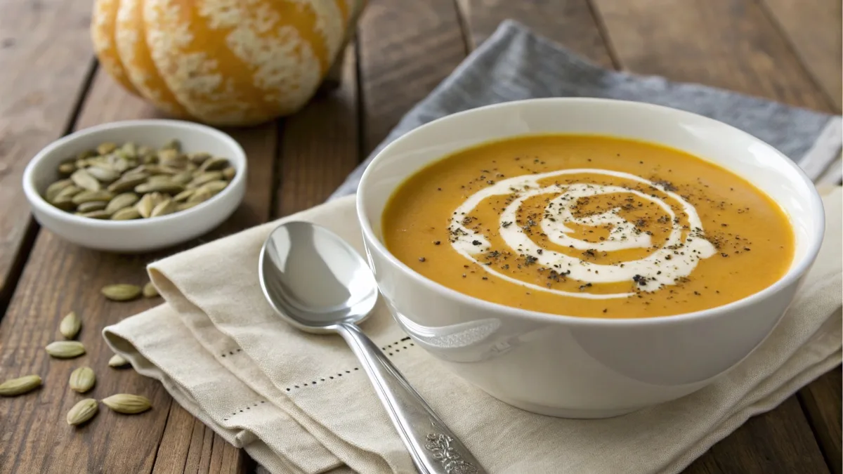 Finished butternut squash soup plated on a rustic table with cream garnish.