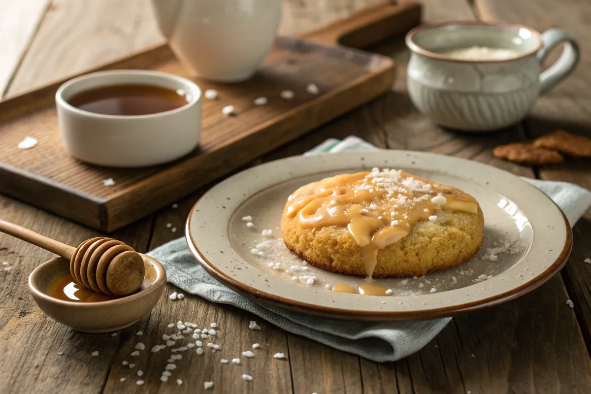 Golden Crumbl Cornbread Cookies topped with a honey glaze, served on a rustic wooden table with tea