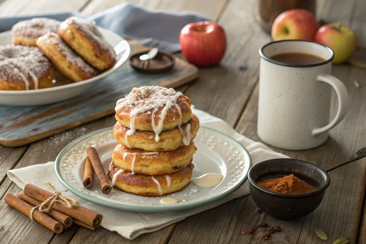 Golden baked apple fritters drizzled with vanilla glaze, served on a rustic plate