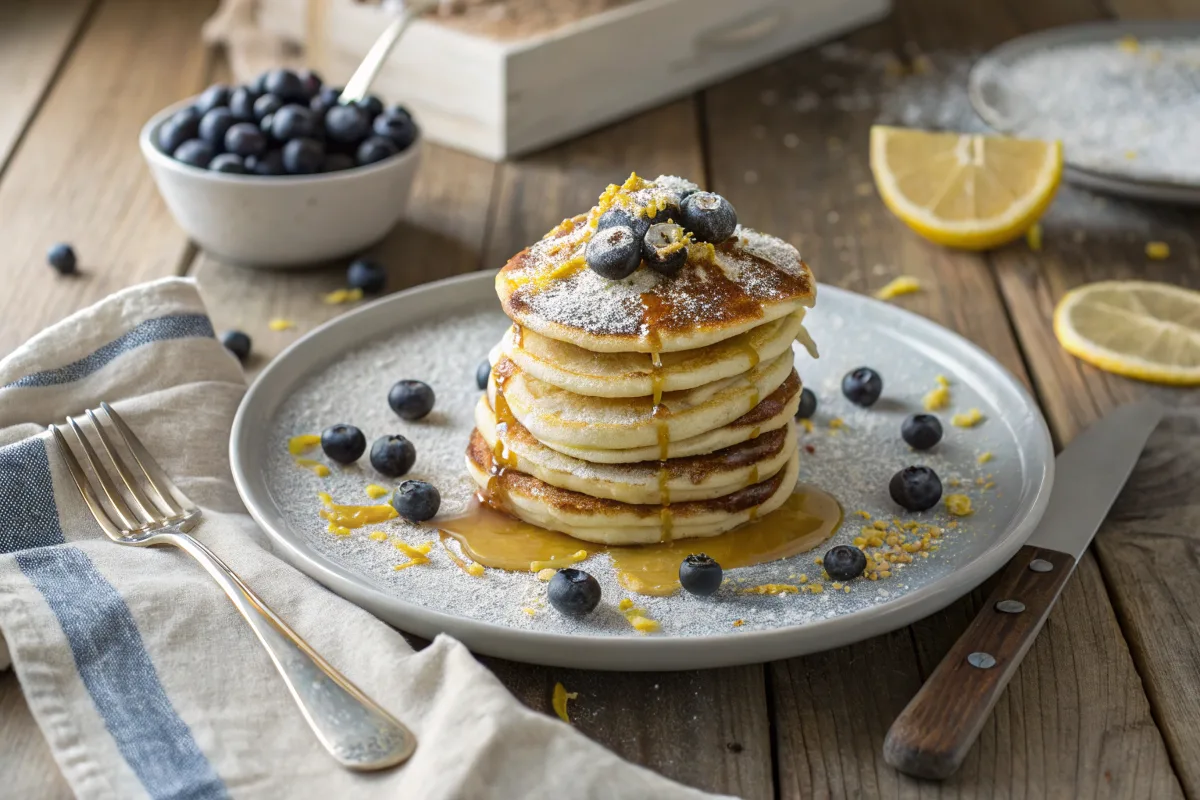 Finished Lemon Ricotta Pancakes plated with blueberries and syrup