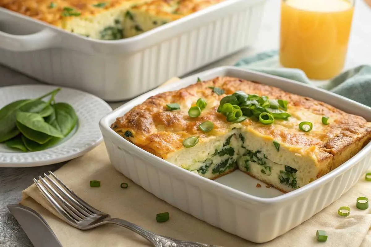 Ingredients for Cottage Cheese Egg Bake Casserole, including eggs, cottage cheese, and spinach.