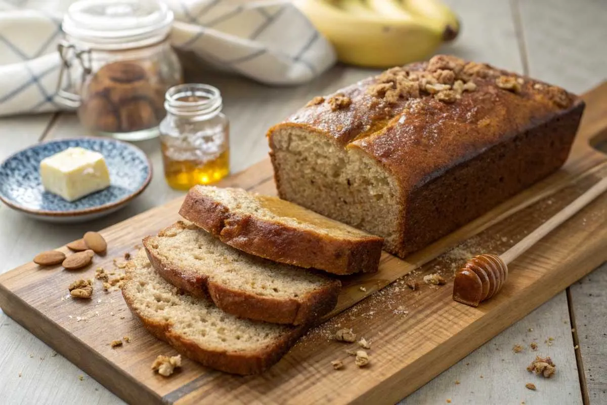 A loaf of banana honey cinnamon bread sliced to show its moist texture, garnished with honey and cinnamon.