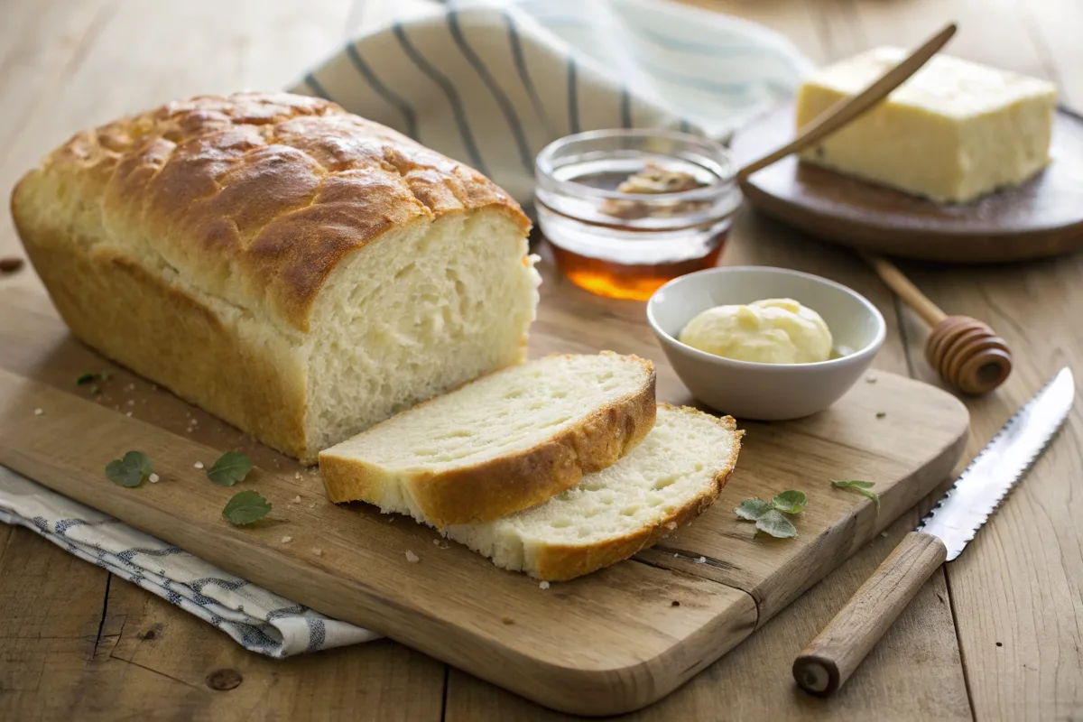 Golden, freshly baked cream cheese bread, sliced and displayed with butter and honey.