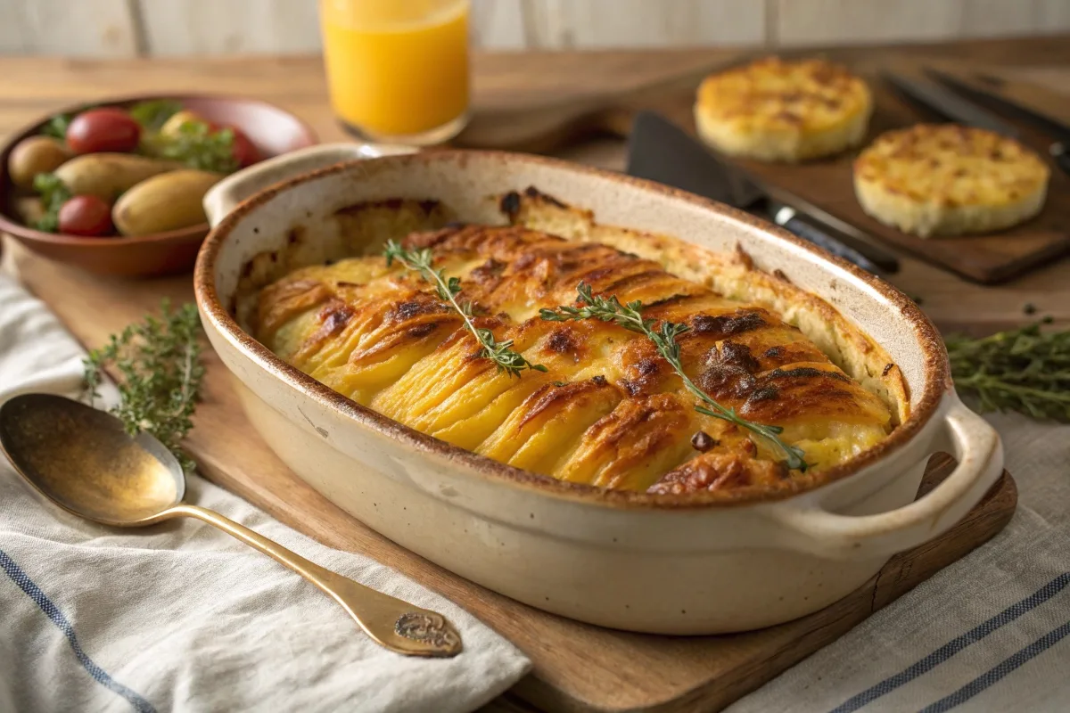 Cheesy Hasselback Potato Gratin fresh out of the oven with golden cheese topping.