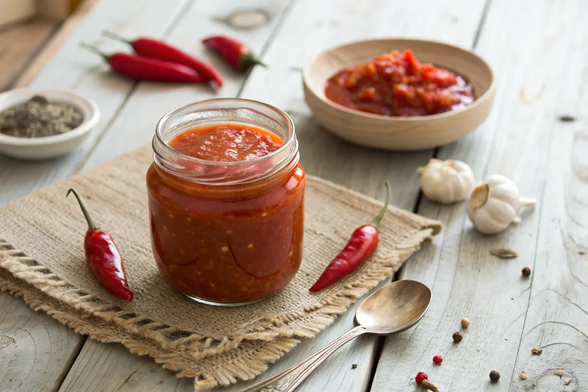 Jar of homemade chili sauce on a rustic table with fresh chilies and garlic for decoration.