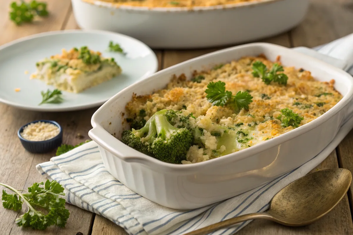 Final broccoli casserole with golden topping served in a white dish on a wooden table.