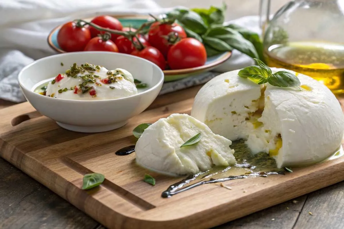 Stracciatella cheese in a bowl next to a sliced burrata ball with creamy filling.