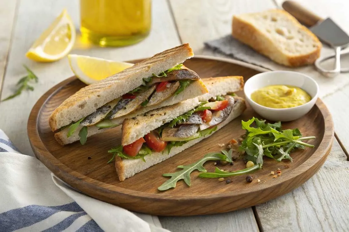 A freshly made sardine sandwich, sliced and served with lemon and mustard."