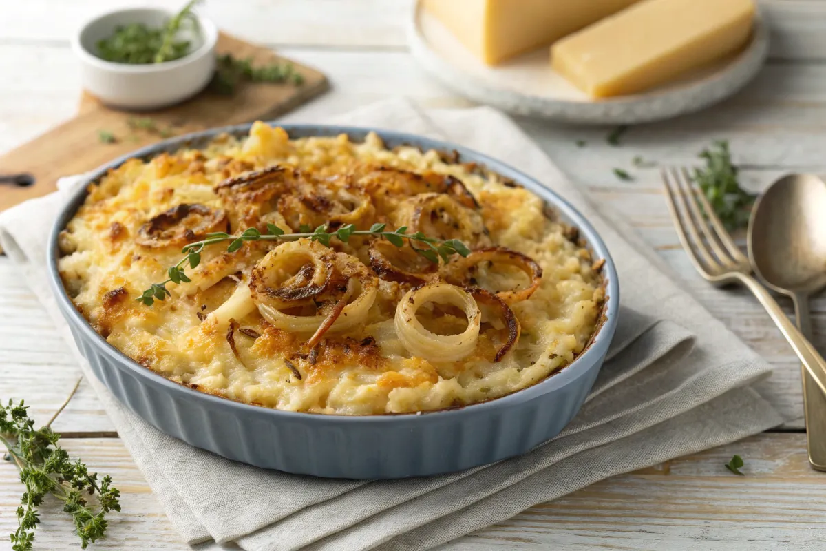 French onion soup mac and cheese finished dish"