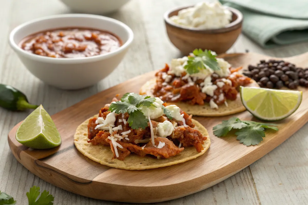 "Tinga de Pollo finished dish served on tostadas with garnishes"