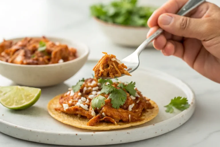 "Tinga de Pollo taste testing with a fork and seasoning adjustments"