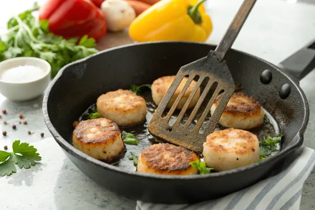 Fishcakes and scallops stir fry cooking action"