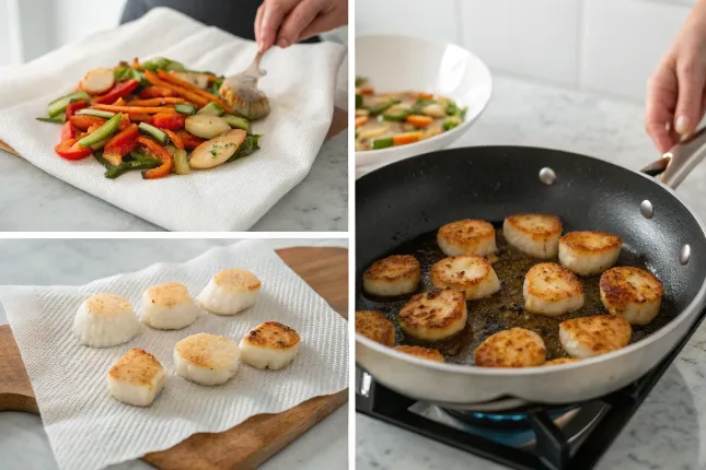 "Fishcakes and scallops stir fry cooking process"