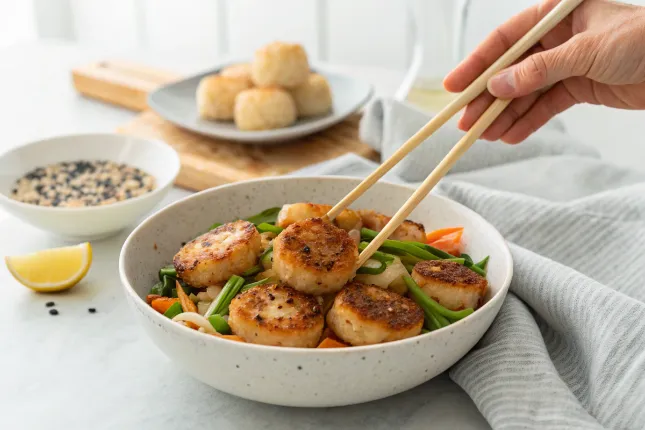 Fishcakes and scallops stir fry taste testing"