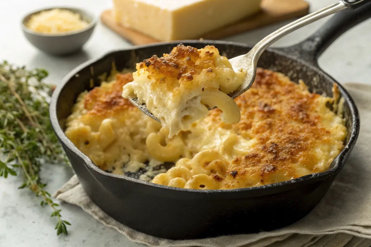 "French onion soup mac and cheese cooking action"