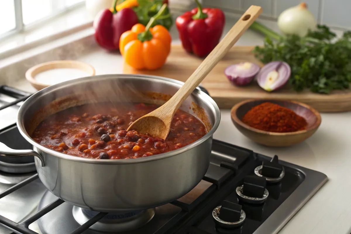 Red bean chili cooking action"