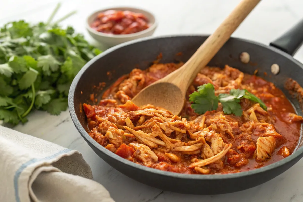 Tinga de Pollo cooking action with shredded chicken in chipotle sauce"