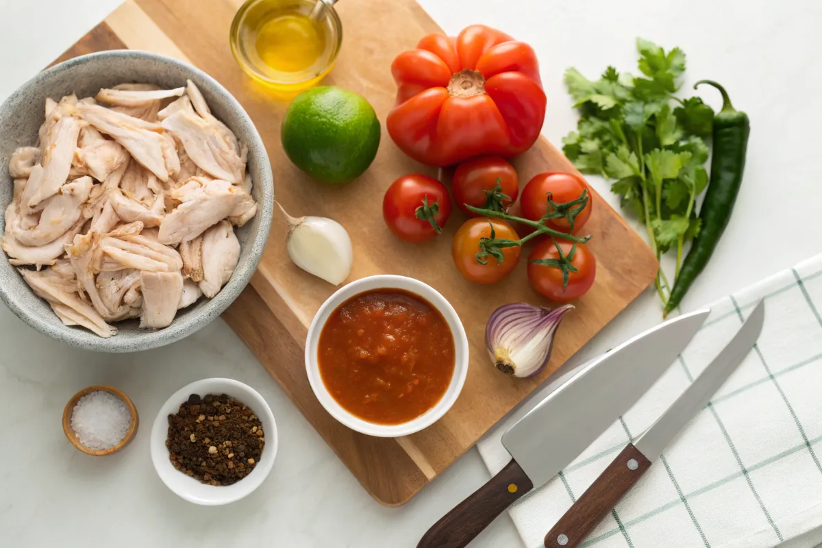 "Tinga de Pollo ingredients displayed in a bright kitchen setting"