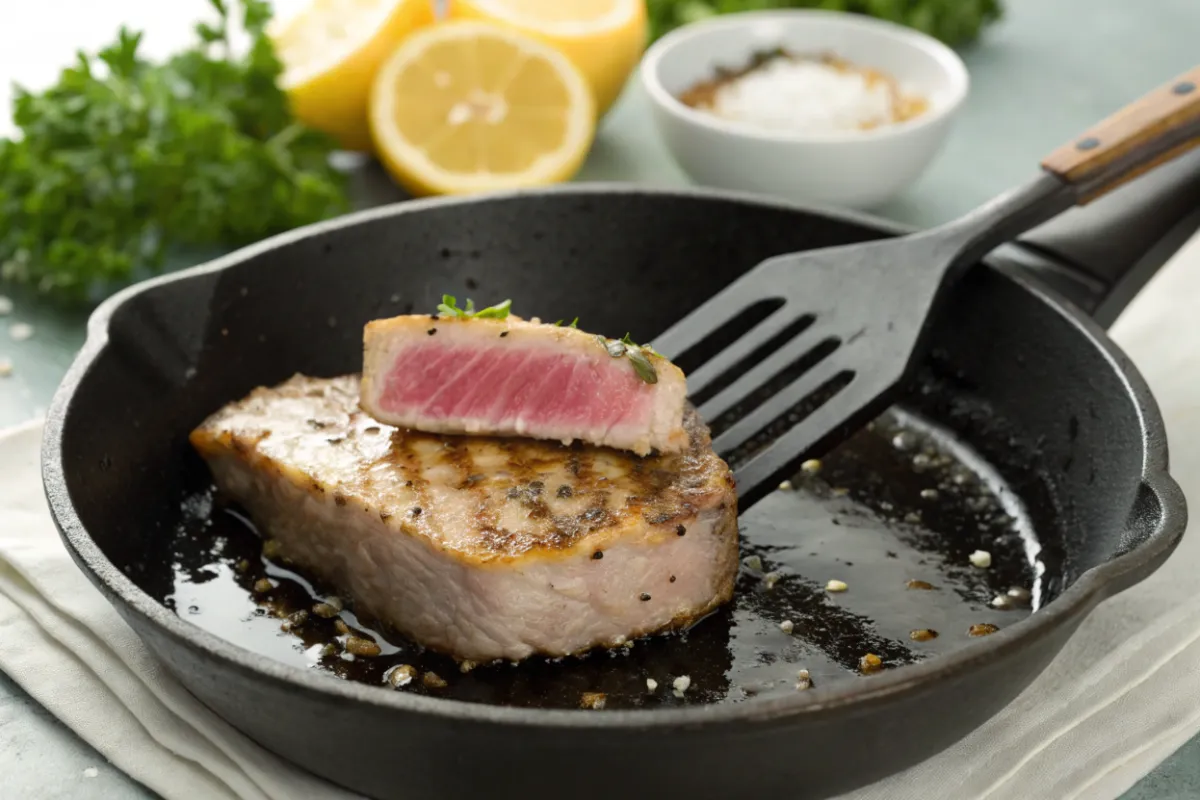 "Tuna steak cooking action"