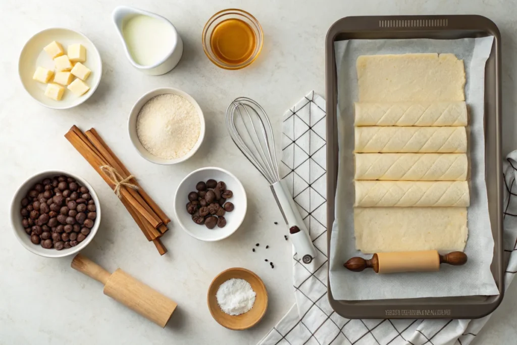 Fresh ingredients for rice paper croissants, including rice paper sheets, butter, eggs, and various sweet and savory fillings.