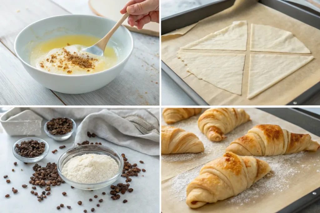 A collage showing the steps of making rice paper croissants, from softening rice paper to folding and butter brushing