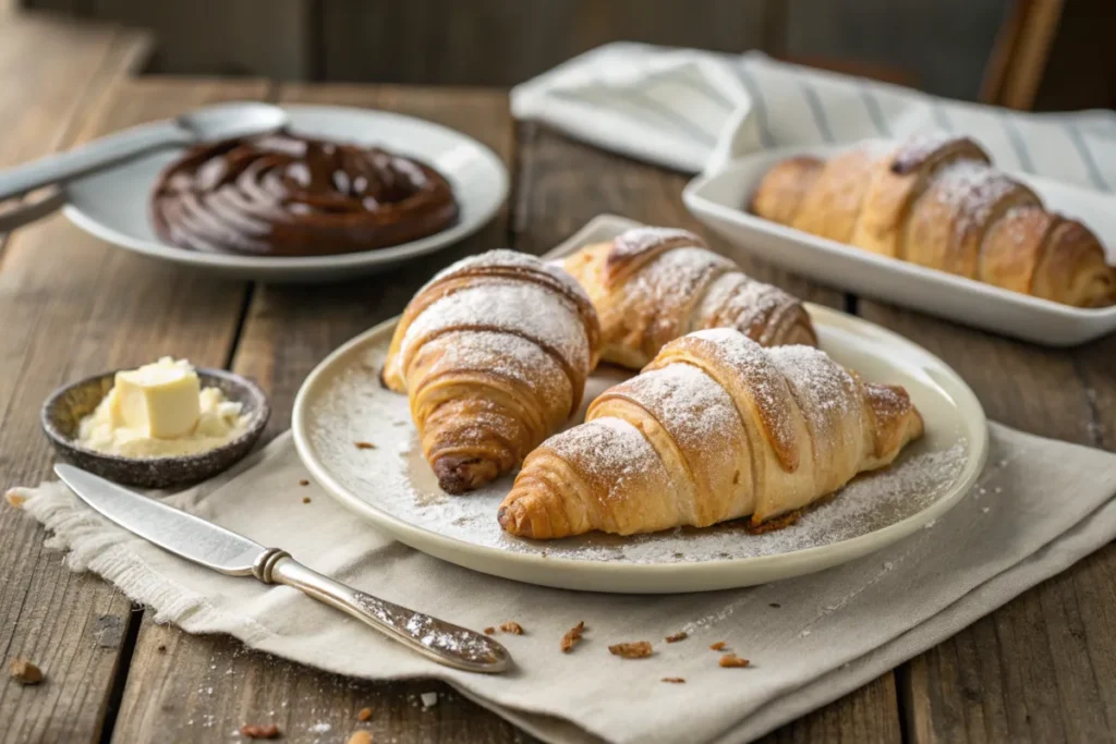 Golden brown rice paper croissants served with strawberries and coffee on a rustic wooden table