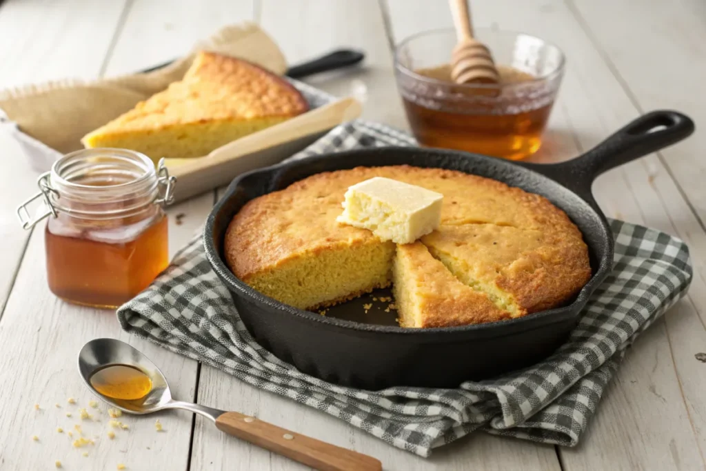 A beautifully baked Southern cornbread in a cast iron skillet with a golden brown crust, sliced and served on a wooden table with butter and honey on the side.