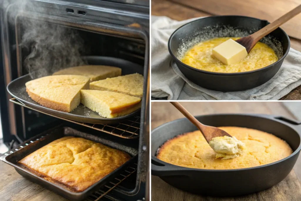 A collage showing the steps to make Southern cornbread: mixing dry and wet ingredients, preheating a cast iron skillet, and pouring batter into the skillet