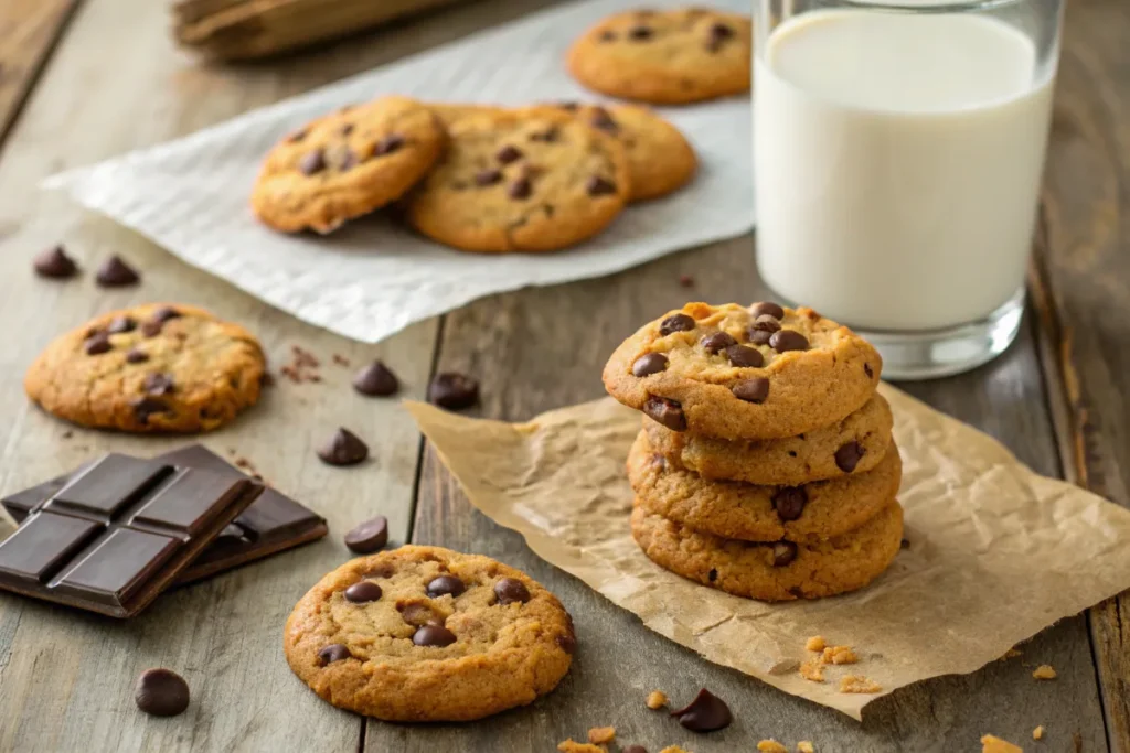 Freshly baked protein cookies with melted chocolate chips, served with a glass of milk