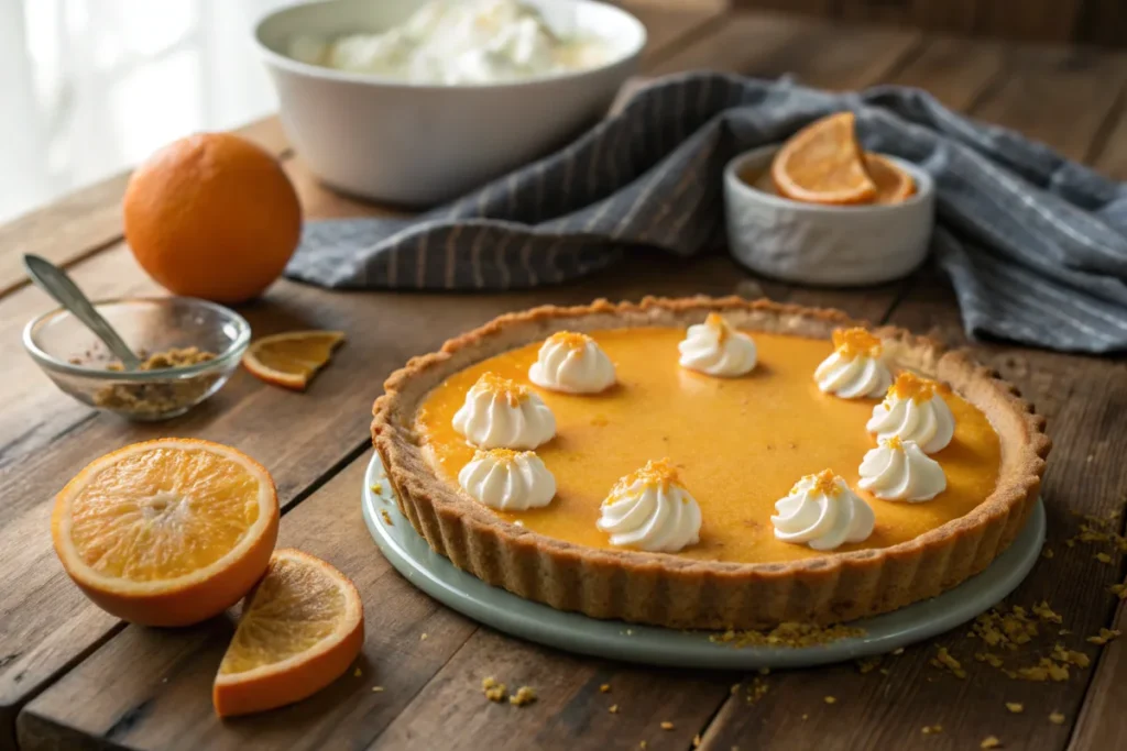 Orange cream pie topped with whipped cream and orange zest, served on a rustic table with orange slices.