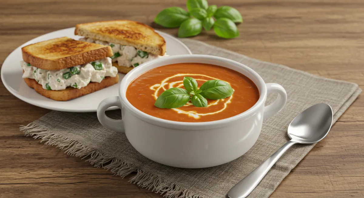 A bowl of tomato soup with a sprig of basil, next to a chicken salad sandwich on toasted bread.