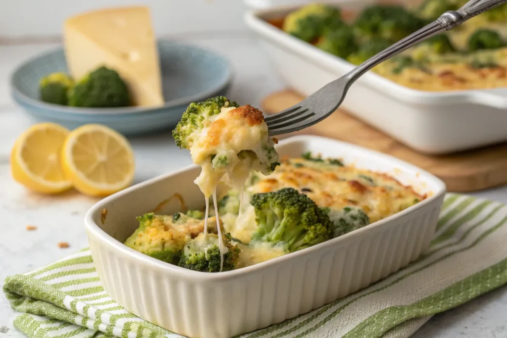 Close-up of a bite of broccoli casserole being lifted with a fork, showcasing cheesy textures.