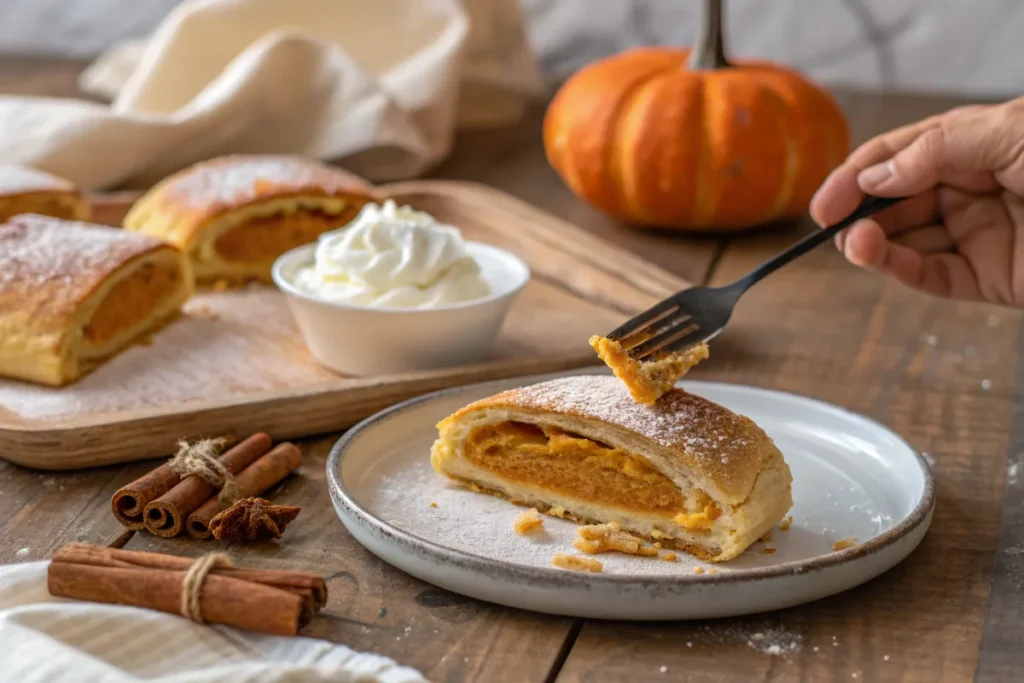 Close-up of a pumpkin pastry being tasted, with whipped cream and cinnamon as optional toppings.