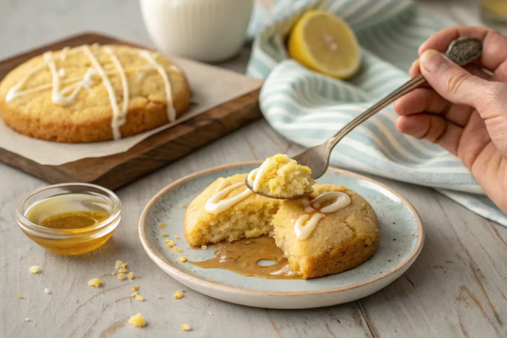 Close-up of a Crumbl Cornbread Cookie being tasted, with extra glaze nearby for flavor adjustments.