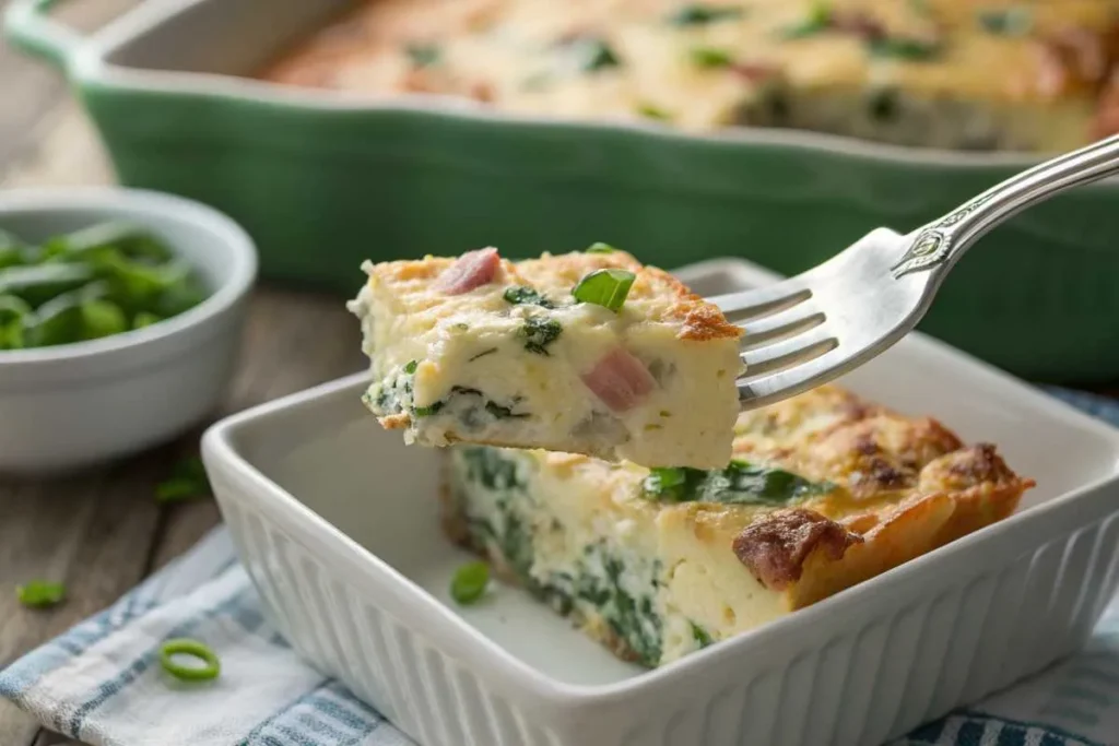 A fork cutting into a slice of Cottage Cheese Egg Bake Casserole with layers of spinach and sausage.