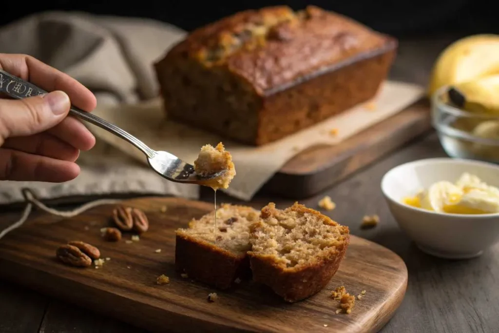 A forkful of moist banana honey cinnamon bread, with a loaf in the background.