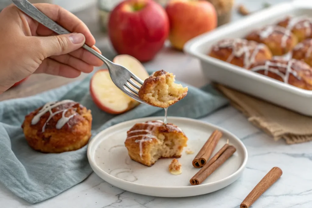 A bite of baked apple fritter on a fork, with glaze and cinnamon in the background.