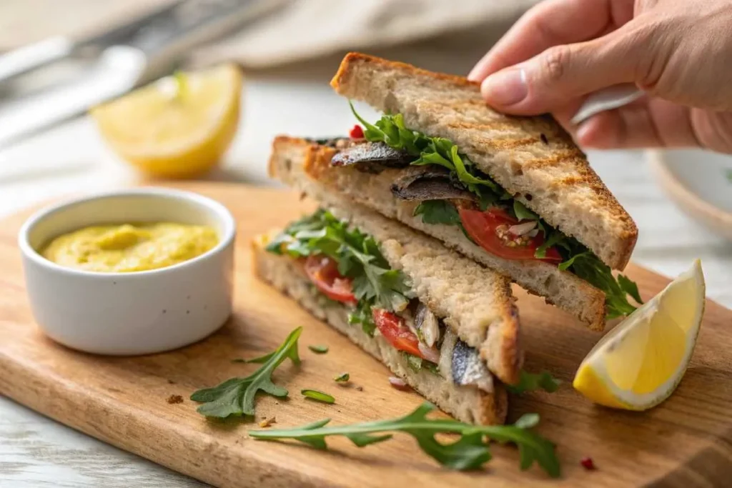 A person lifting a sardine sandwich slice, ready for the first bite