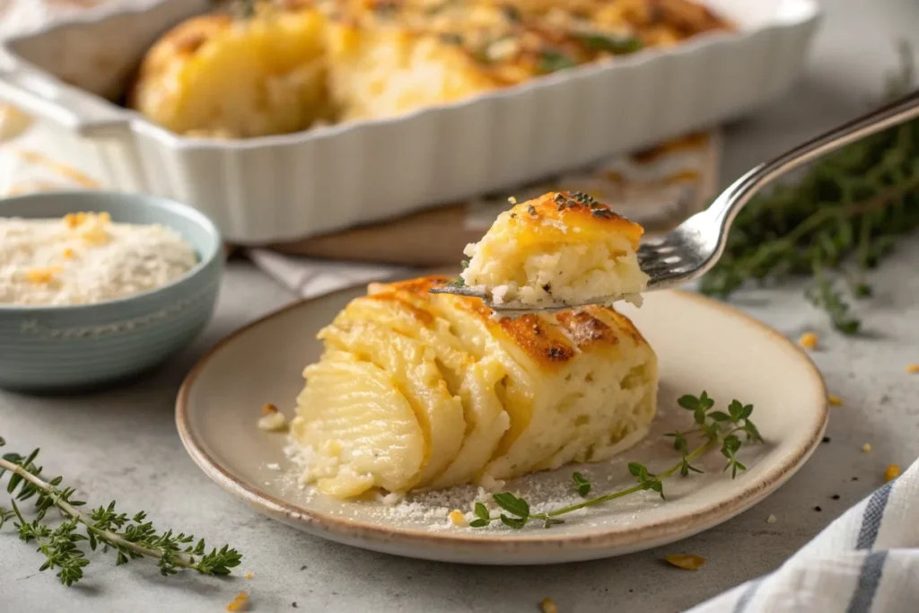 A plated serving of Cheesy Hasselback Potato Gratin with garnishes nearby.