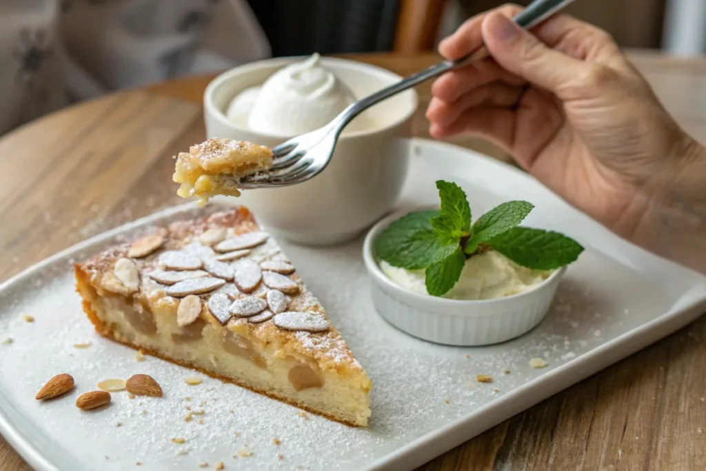 A hand tasting a slice of Almond Nut Cake with a dish of garnishes nearby.