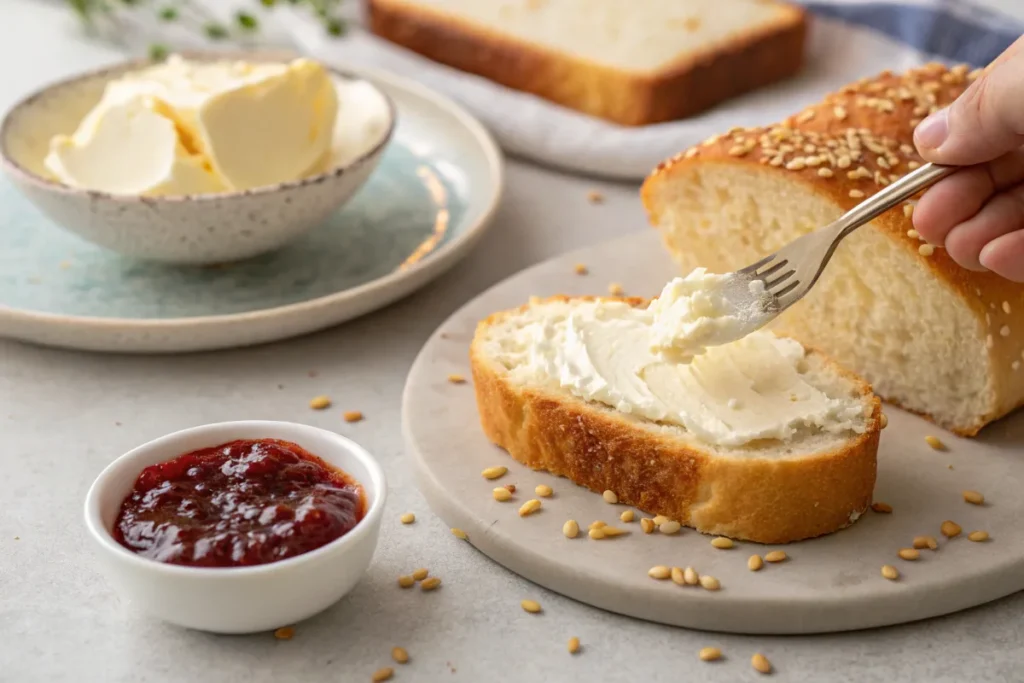 Close-up of cream cheese bread being tasted, with a fork and butter spread on a slice.