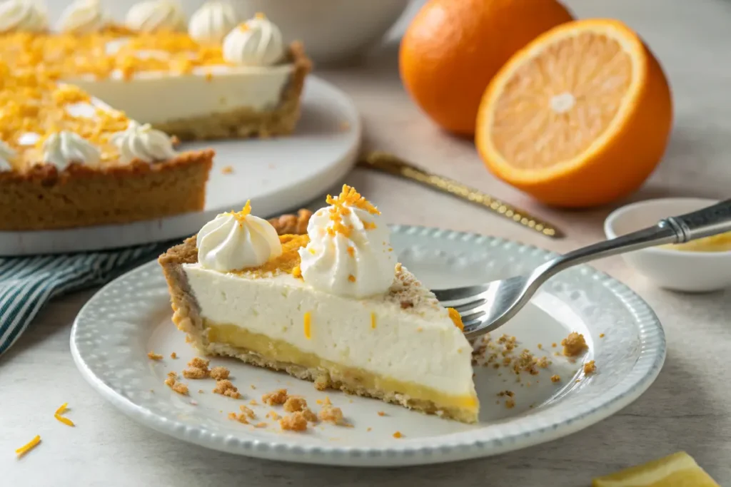 Close-up of a slice of orange cream pie being tasted with a fork, showcasing its creamy filling and graham cracker crust