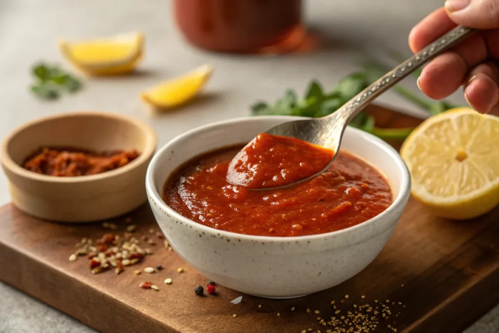 Close-up of homemade chili sauce being tasted with a spoon, with extra seasoning and lemon nearby.