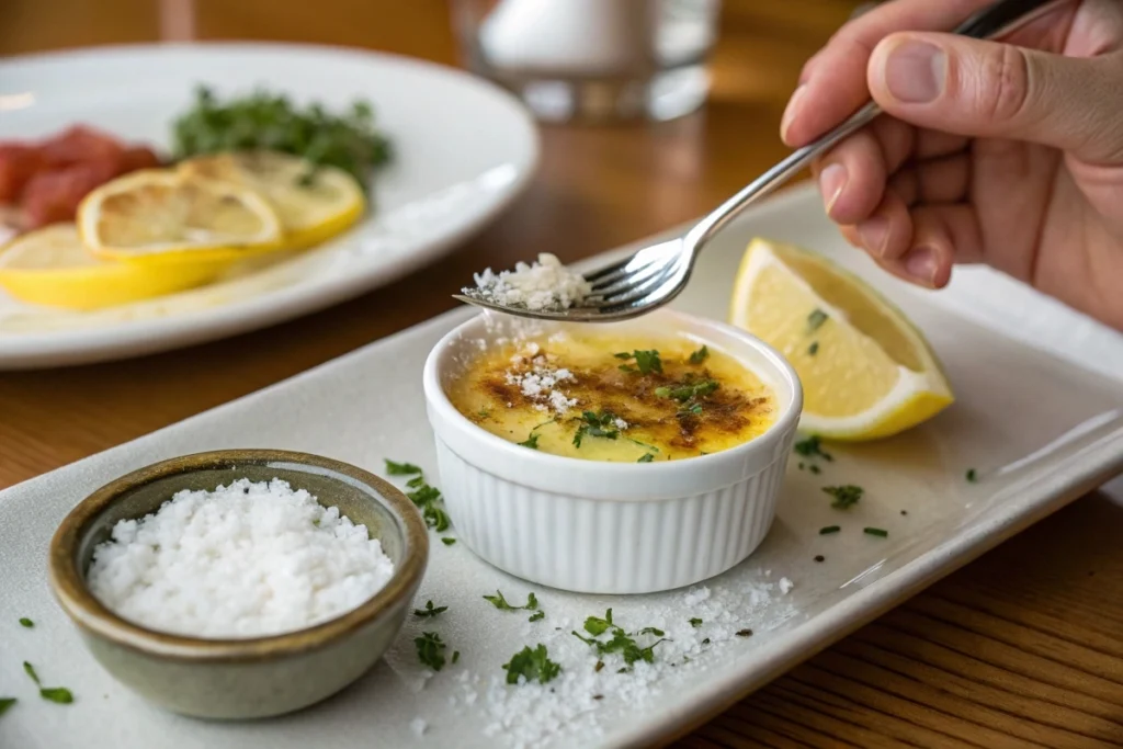 A hand tasting the finished dish with seasoning adjustments nearby.